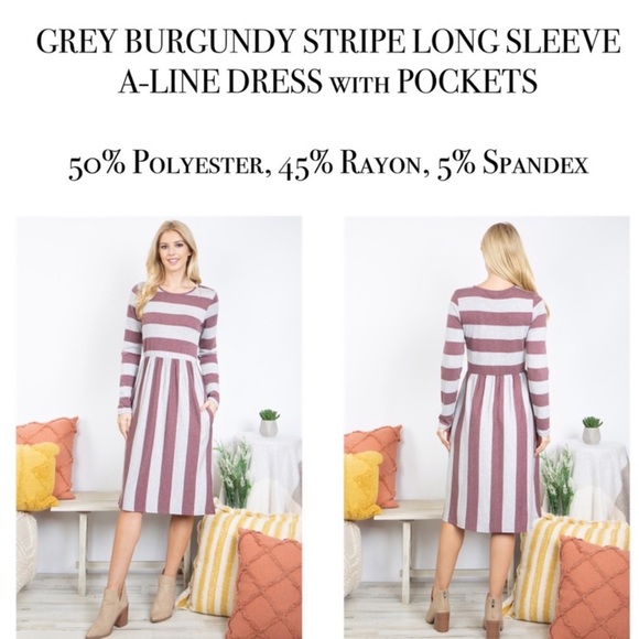 Perfect Peach Lightweight Long Sleeve Striped A Line Dress with Pockets - Picture 9 of 9